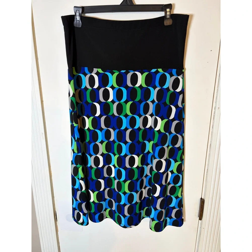 MSK Petite Geometric Print Midi Skirt Blue Green Black Mod Link Pattern PM